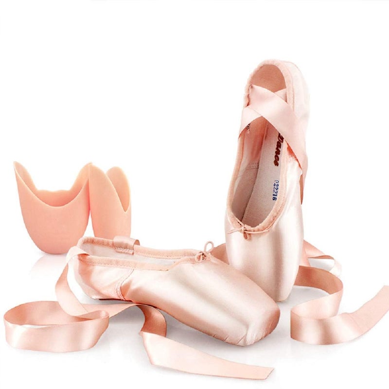 DoGeek Satin Pointe Shoes for Girls and Ladies Professional Ballet Dance Shoes with Ribbon for School or Home Pink - Image 1